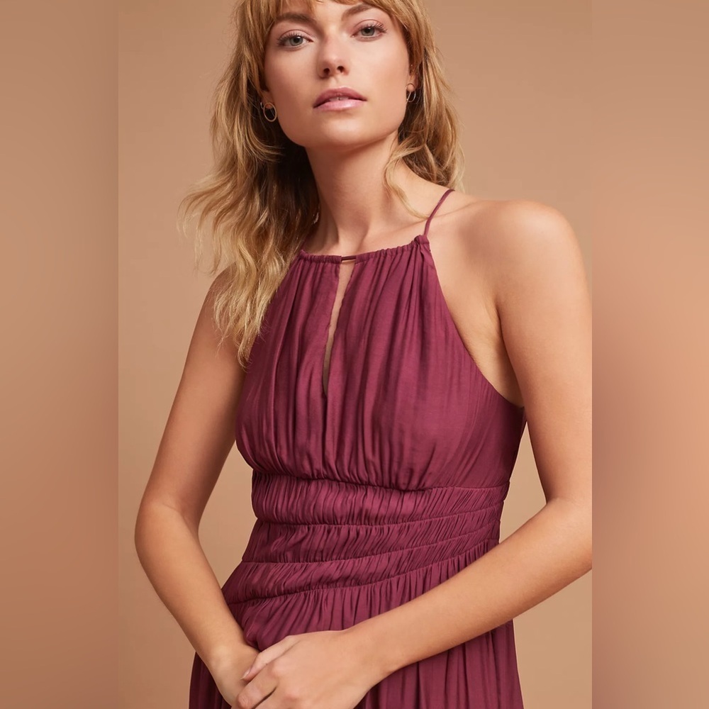 Anthropologie Moulinette Soeurs Smocked Halter Midi Dress, Burgundy, Size 0, EUC - Picture 3 of 7